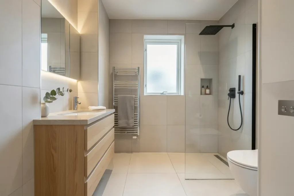 komplett badrumsrenovering med platsbyggd f rvaring och glasdusch i hornstull s dermalm